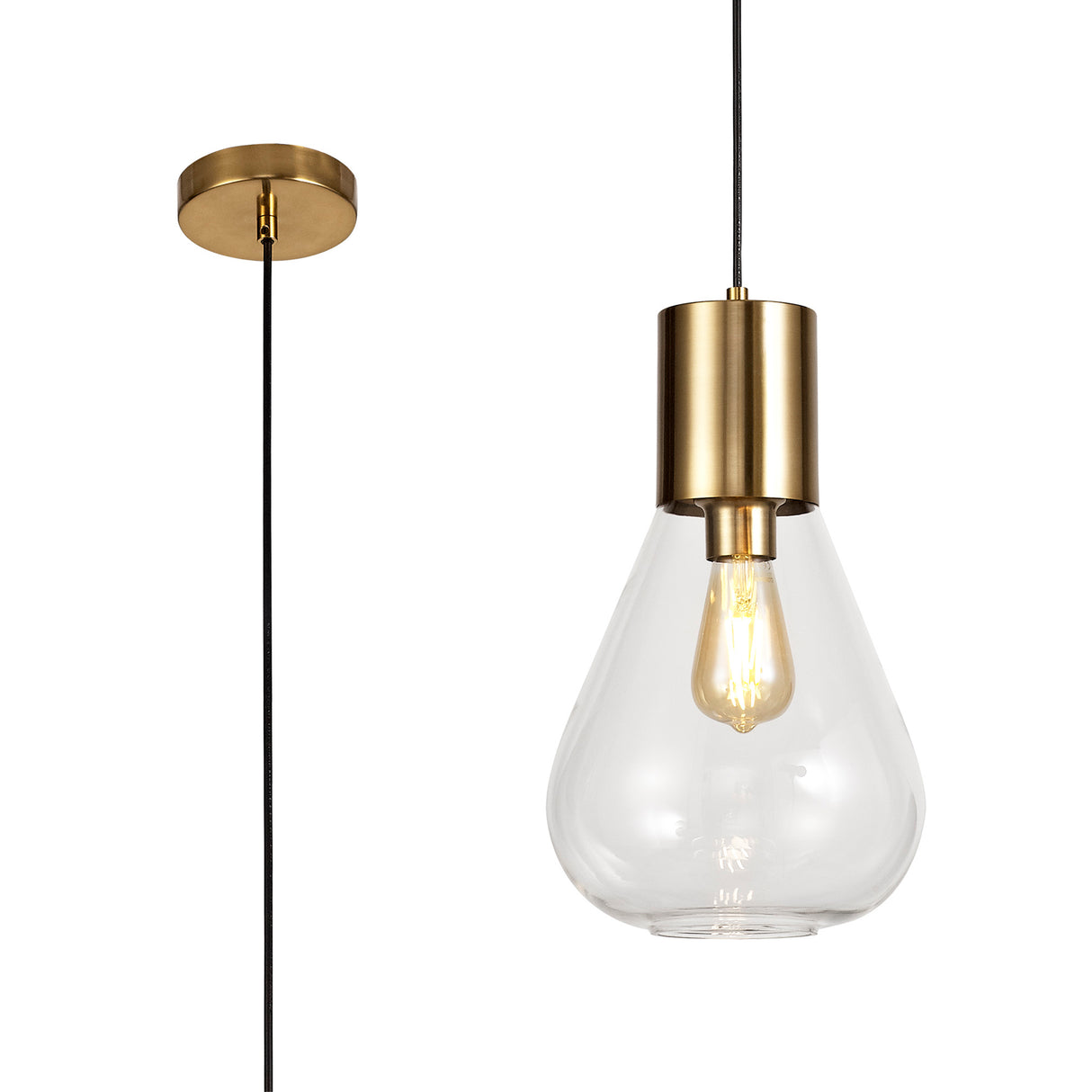 Rowell Narrow Pendant, 1 x E27, Aged Brass/Clear Glass