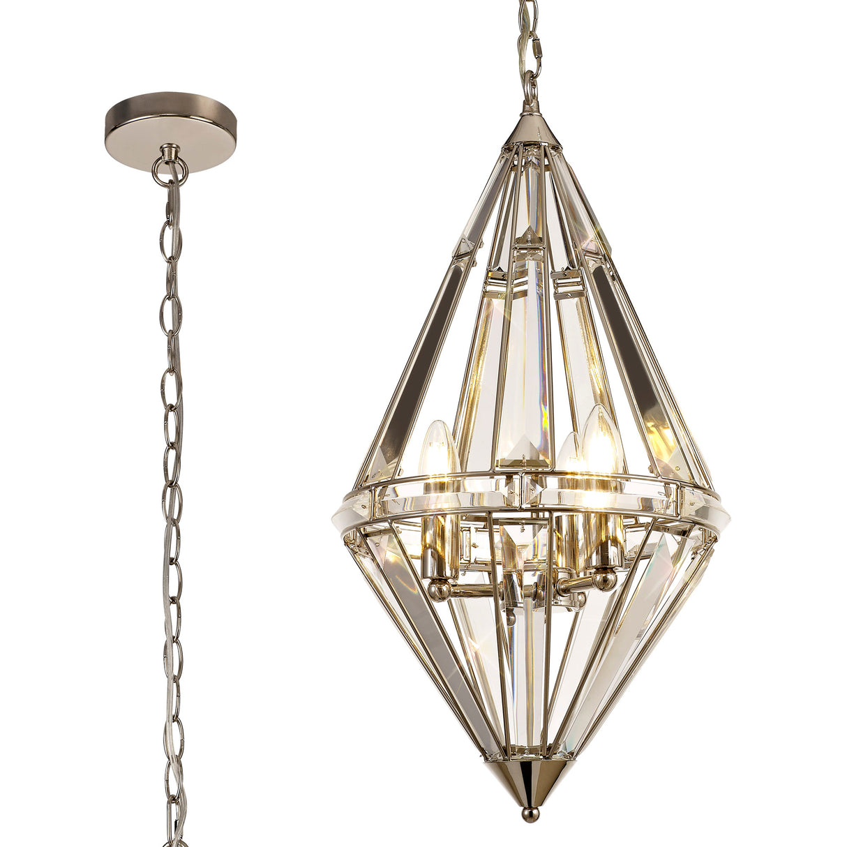 Ellison Diamond Pendant, 3 Light E27, Polished Nickel