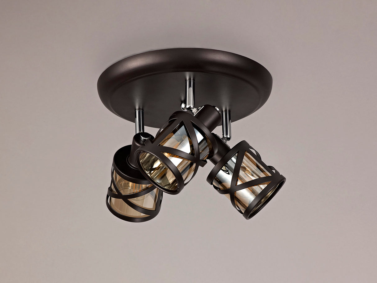 Ritchie 3 Light Round Spotlight E14, Oiled Bronze/Polished Chrome/Amber