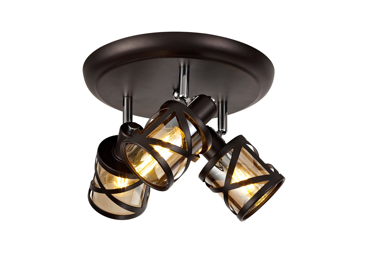 Ritchie 3 Light Round Spotlight E14, Oiled Bronze/Polished Chrome/Amber