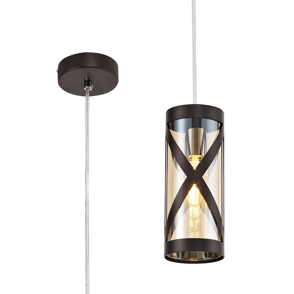 Ritchie 1 Light Pendant E14, Oiled Bronze/Polished Chrome/Amber