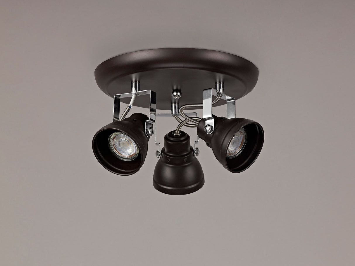Walker Adjustable Round Spotlight, 3 x GU10 (Max 10W LED), Oiled Bronze/Polished Chrome