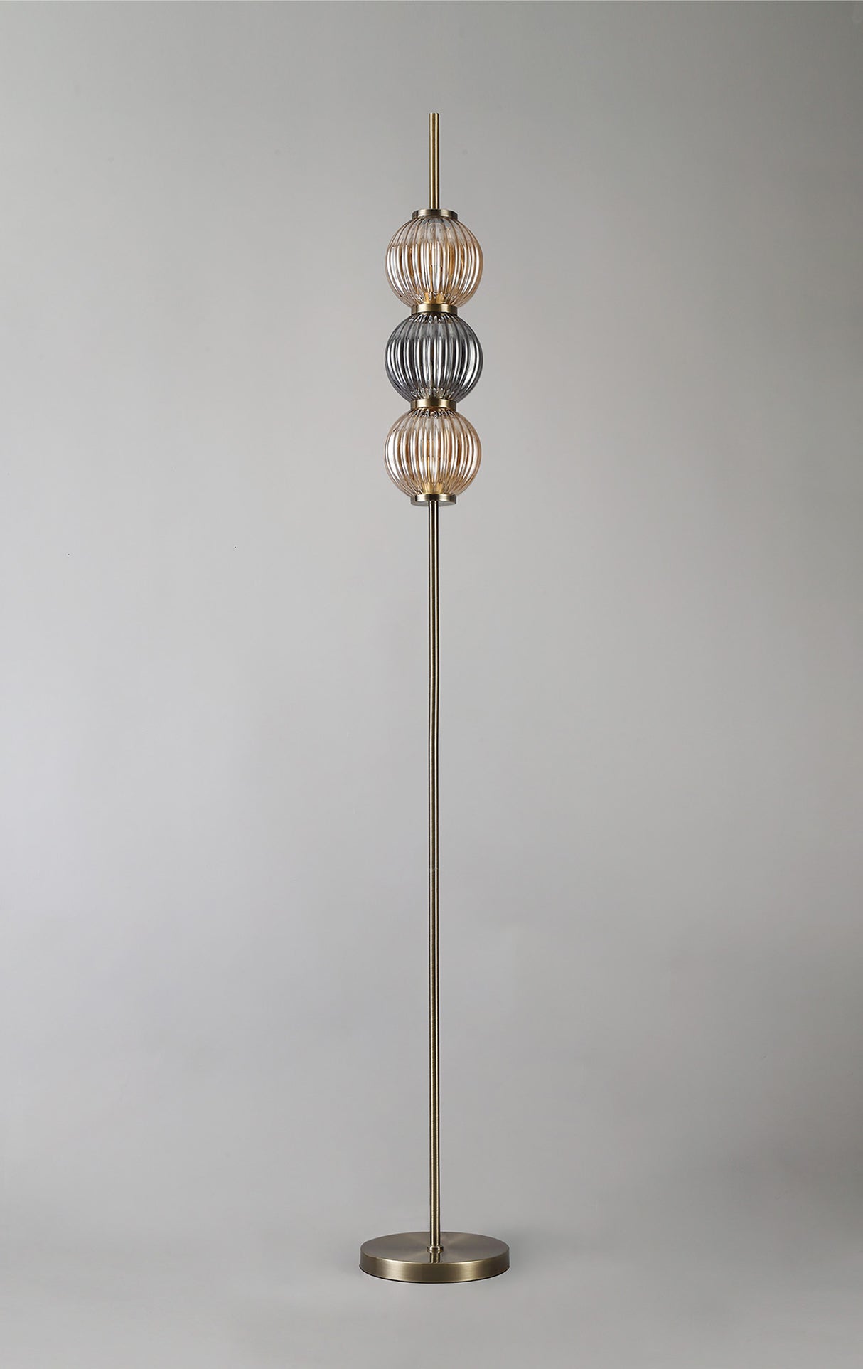 Halom Floor Lamp, 3 x G9, Antique Brass/Smoked & Amber Glass