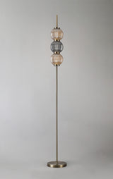 Halom Floor Lamp, 3 x G9, Antique Brass/Smoked & Amber Glass