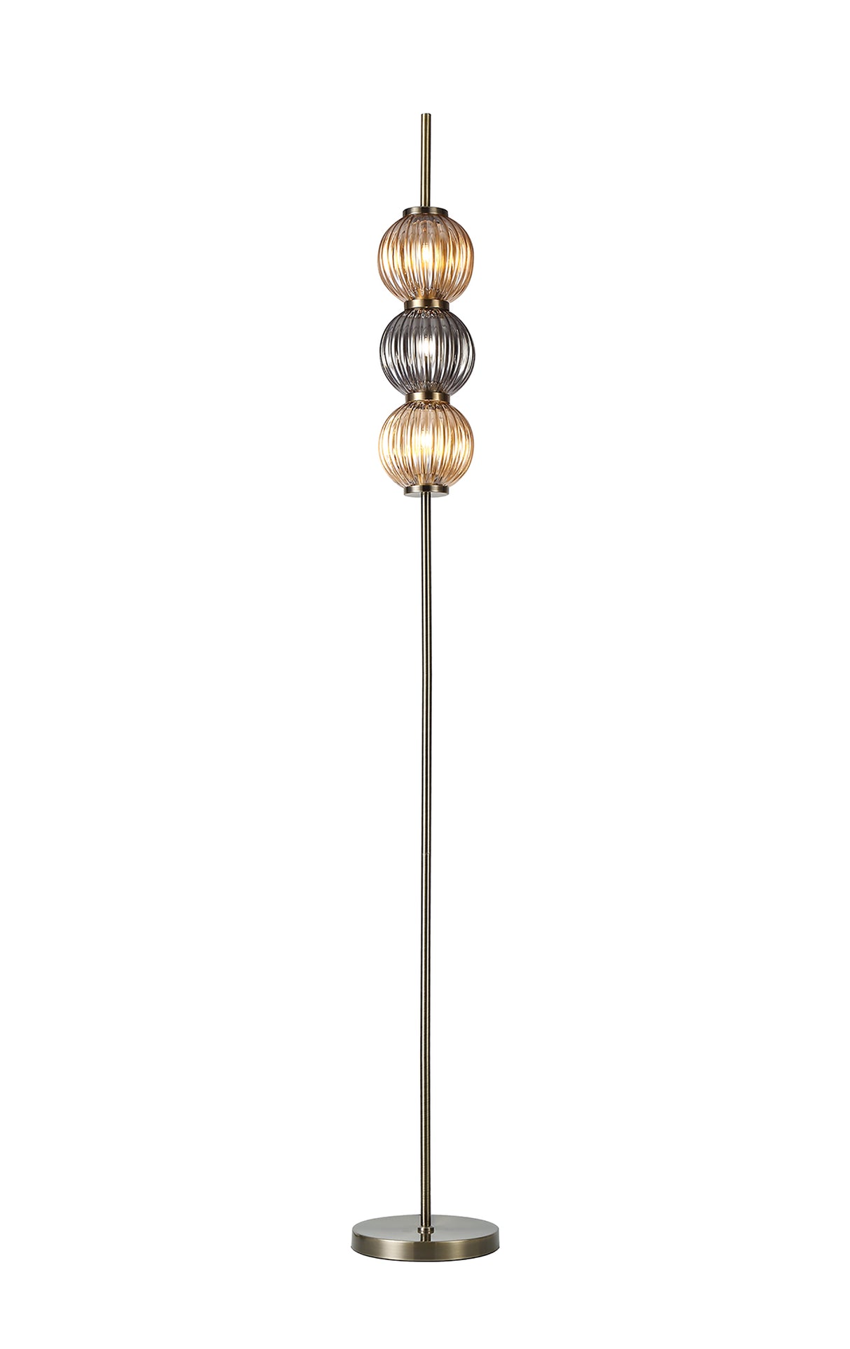 Halom Floor Lamp, 3 x G9, Antique Brass/Smoked & Amber Glass
