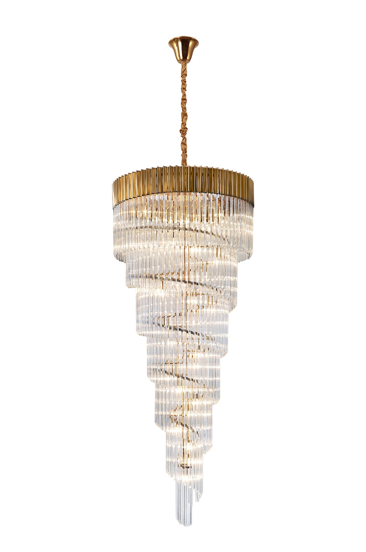 Longhorn 90cm Pendant Round 7 Layer Spiral 31 Light E14, Brass/Clear Sculpted Glass, Item Weight: 92.7kg