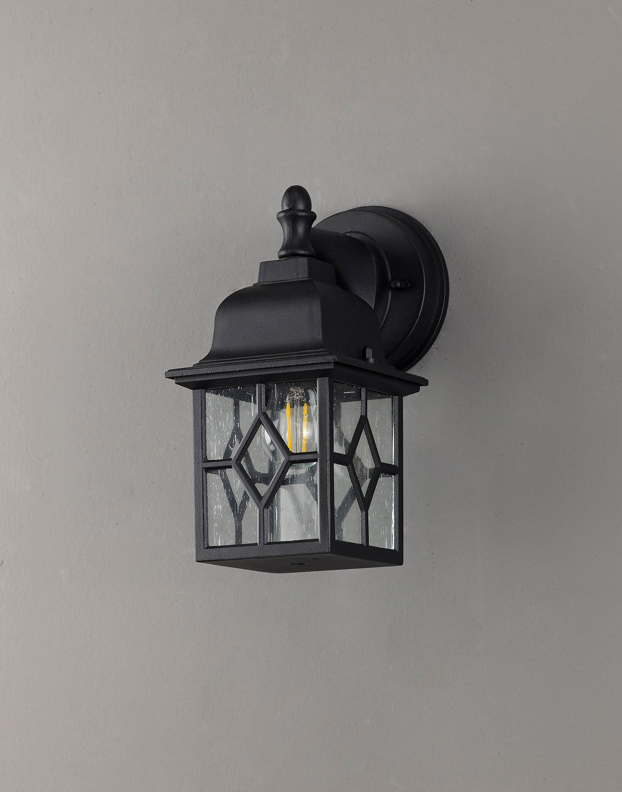 Stuckey Down Square Criss Cross Wall Lamp, 1 x E27, IP44, Sand Black/Clear Seeded Glass, 2yrs Warranty