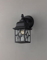 Stuckey Down Square Criss Cross Wall Lamp, 1 x E27, IP44, Sand Black/Clear Seeded Glass, 2yrs Warranty