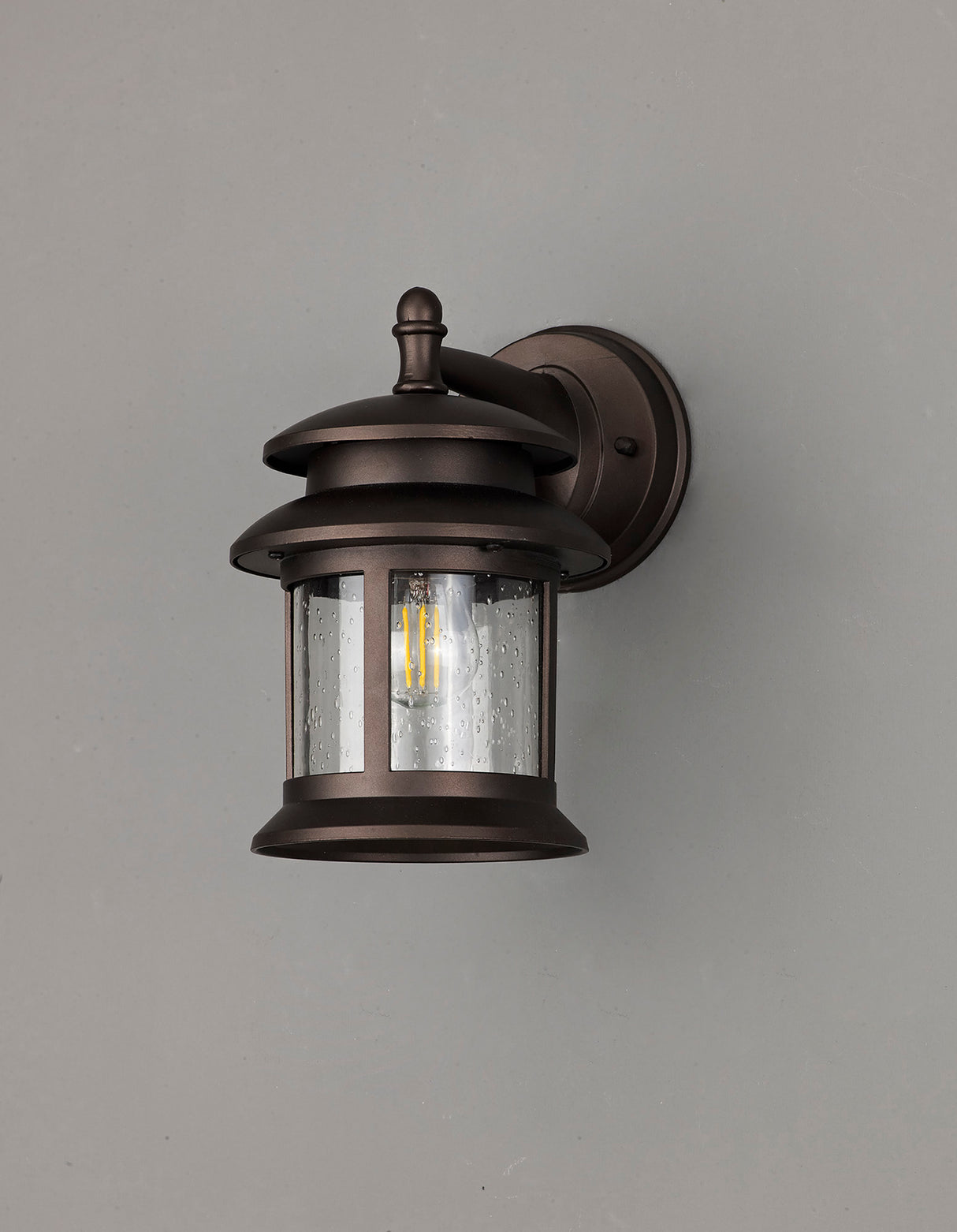 Stuckey Down Round Wall Lamp, 1 x E27, IP44, Antique Bronze/Clear Seeded Glass, 2yrs Warranty