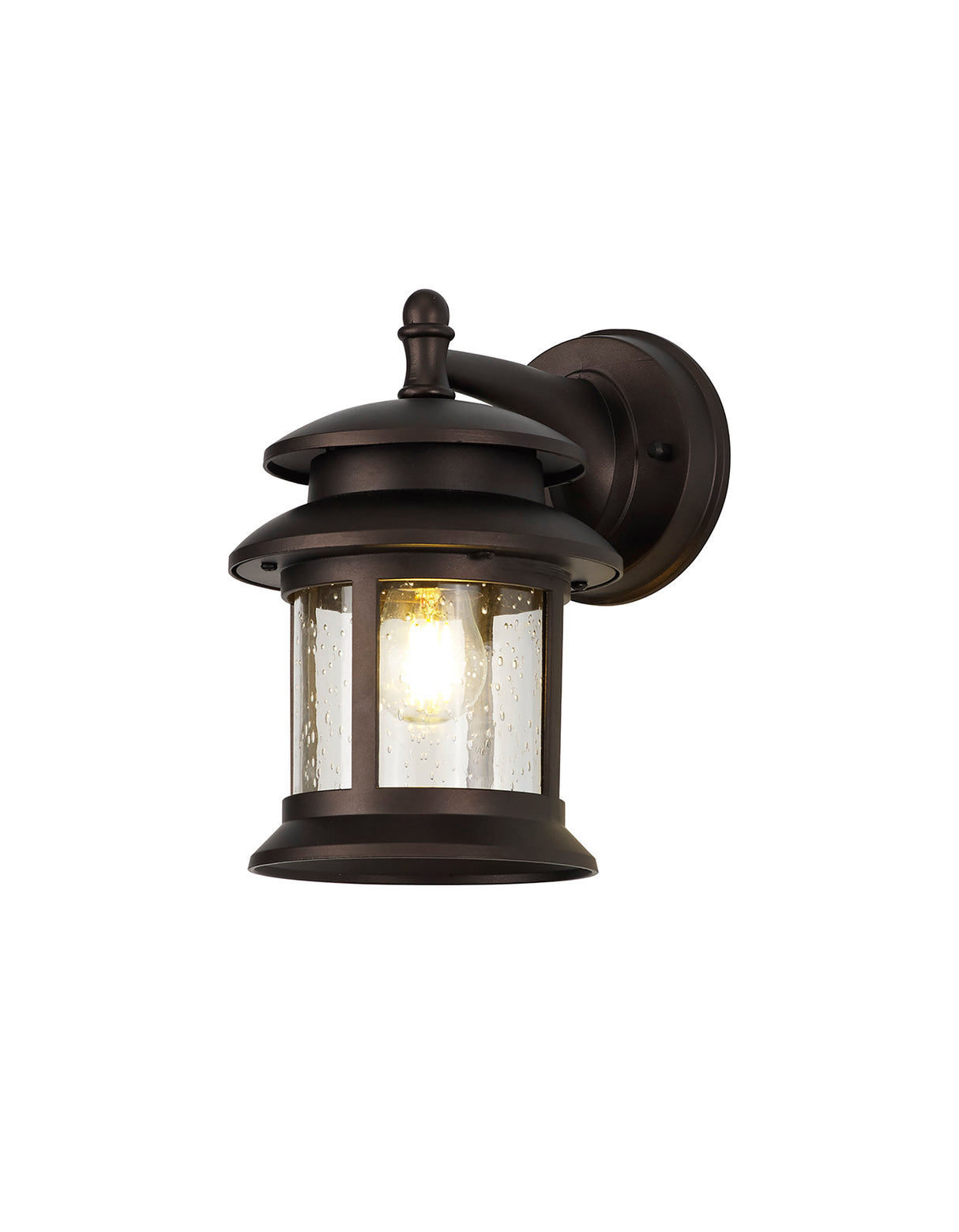 Stuckey Down Round Wall Lamp, 1 x E27, IP44, Antique Bronze/Clear Seeded Glass, 2yrs Warranty