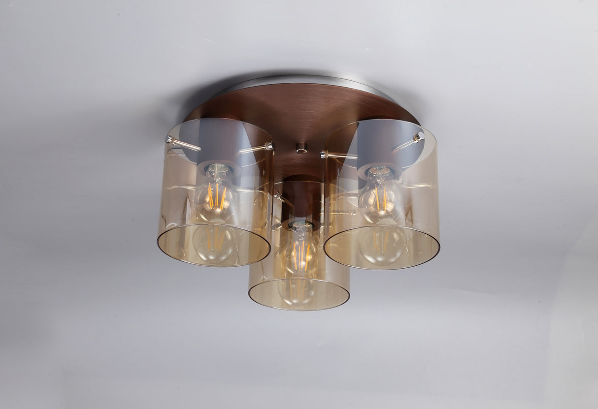 Chisholm Round Ceiling Flush, 3 Light Flush Fitting, Mocha/Amber Glass