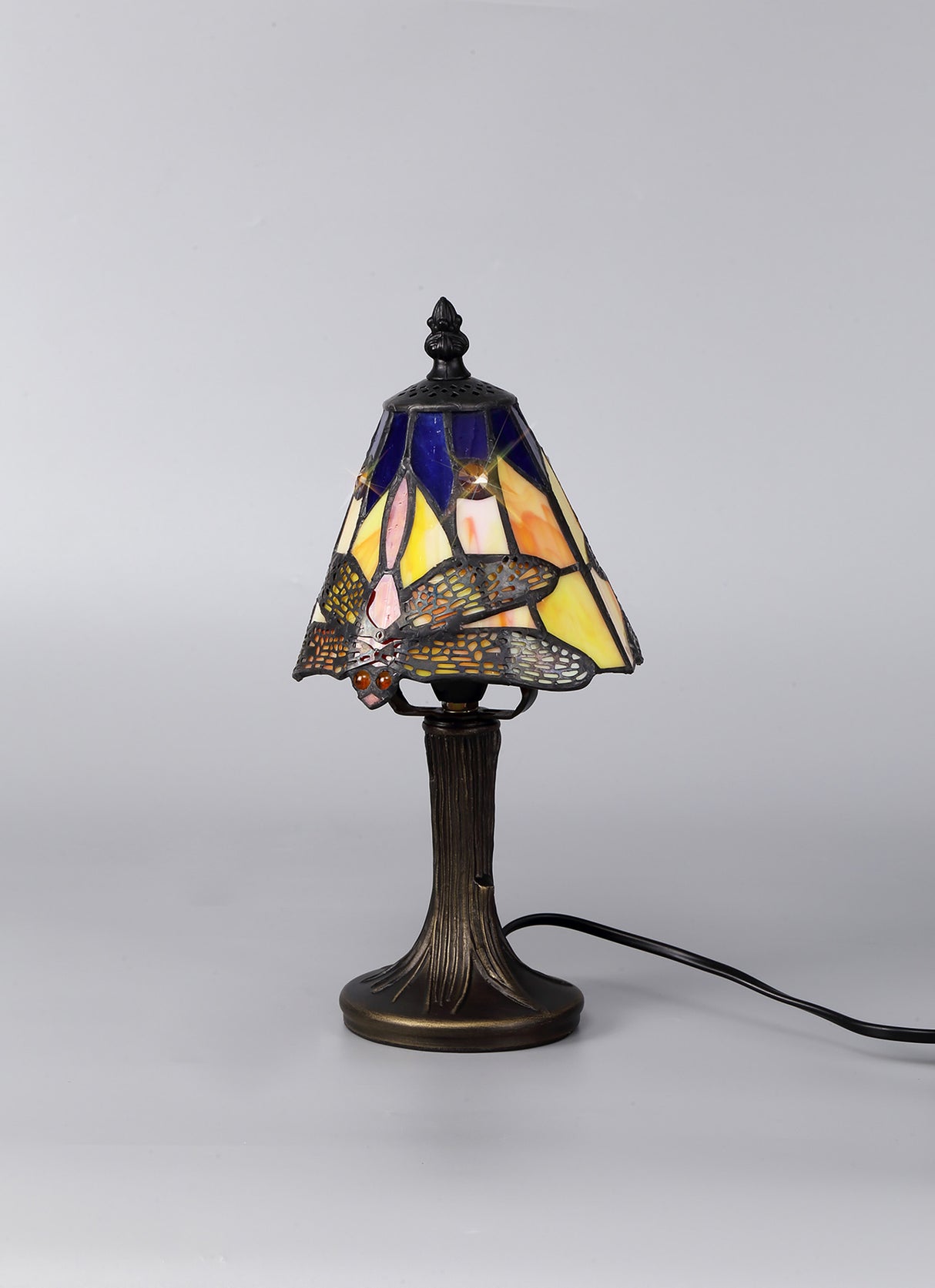Hinnigan Tiffany Table Lamp, 1 x E14, Black/Gold, Blue/Orange/Crystal Shade
