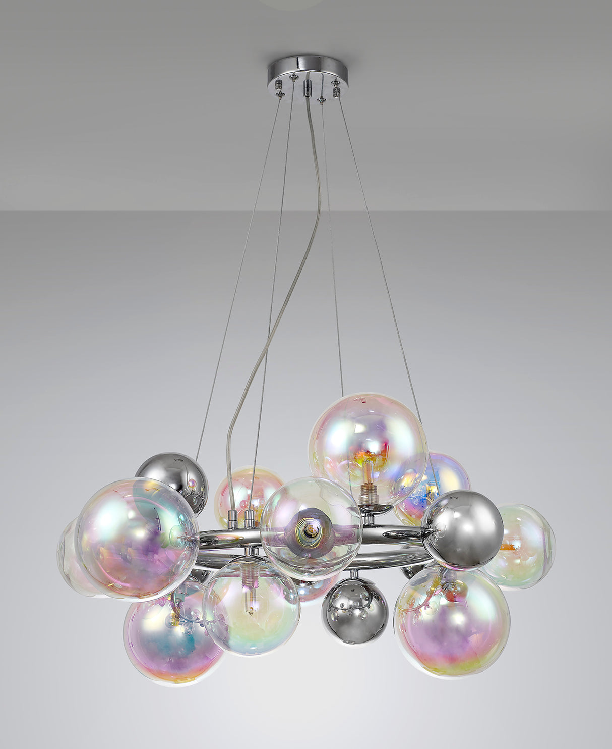 Suggett Circular Pendant, 12 x G9, Polished Chrome, Iridescent Glass