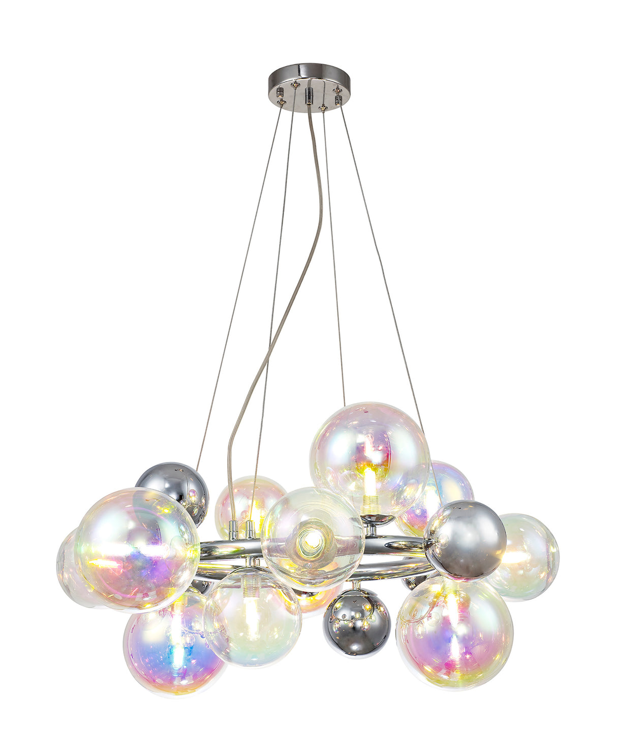 Suggett Circular Pendant, 12 x G9, Polished Chrome, Iridescent Glass