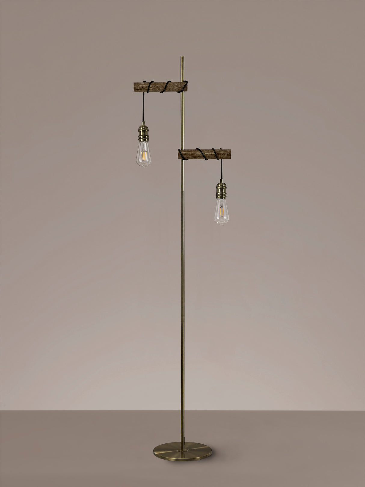 Tiler Floor Lamp, 2 x E27, Medium Oak/Antique Brass
