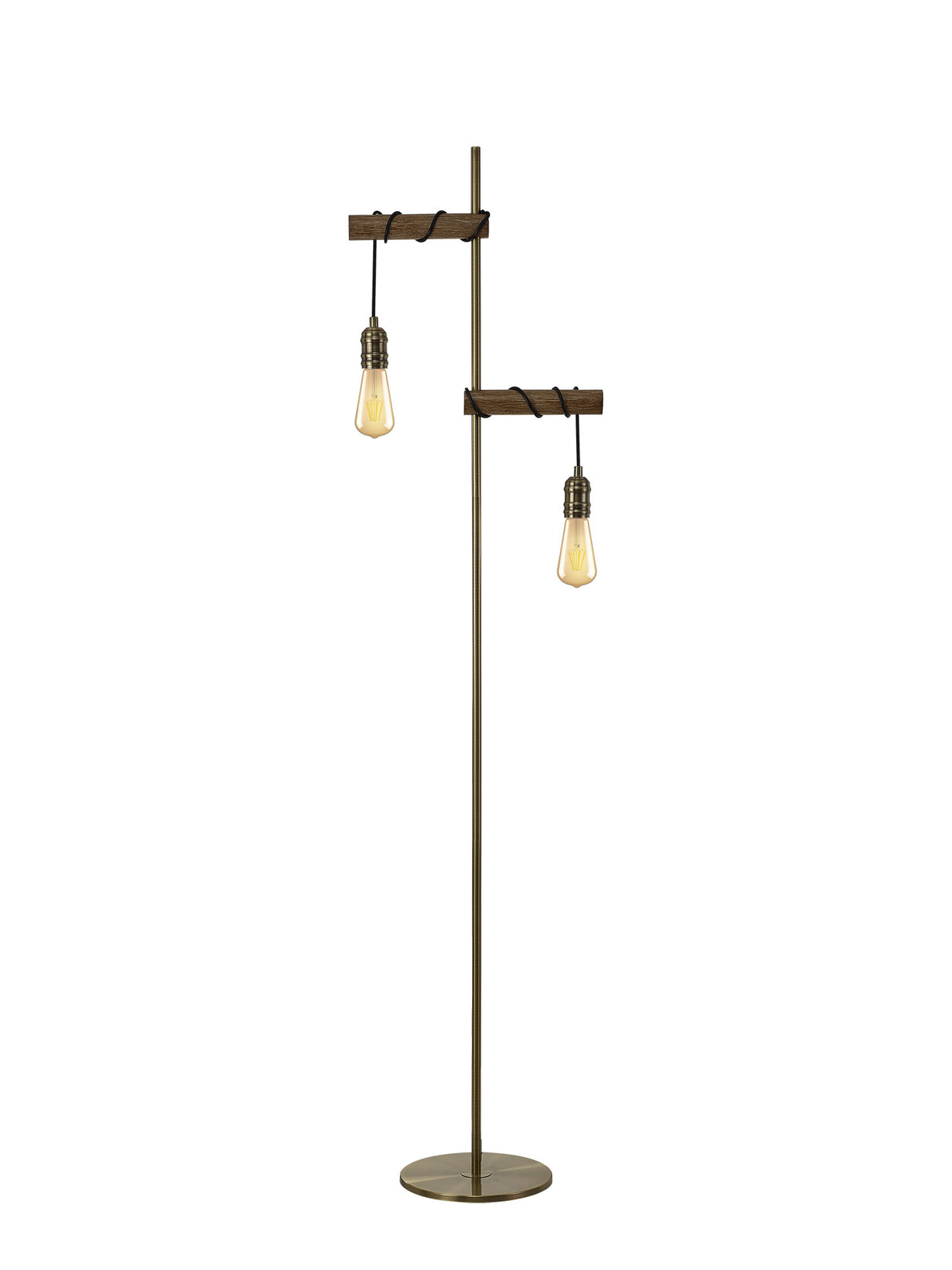 Tiler Floor Lamp, 2 x E27, Medium Oak/Antique Brass