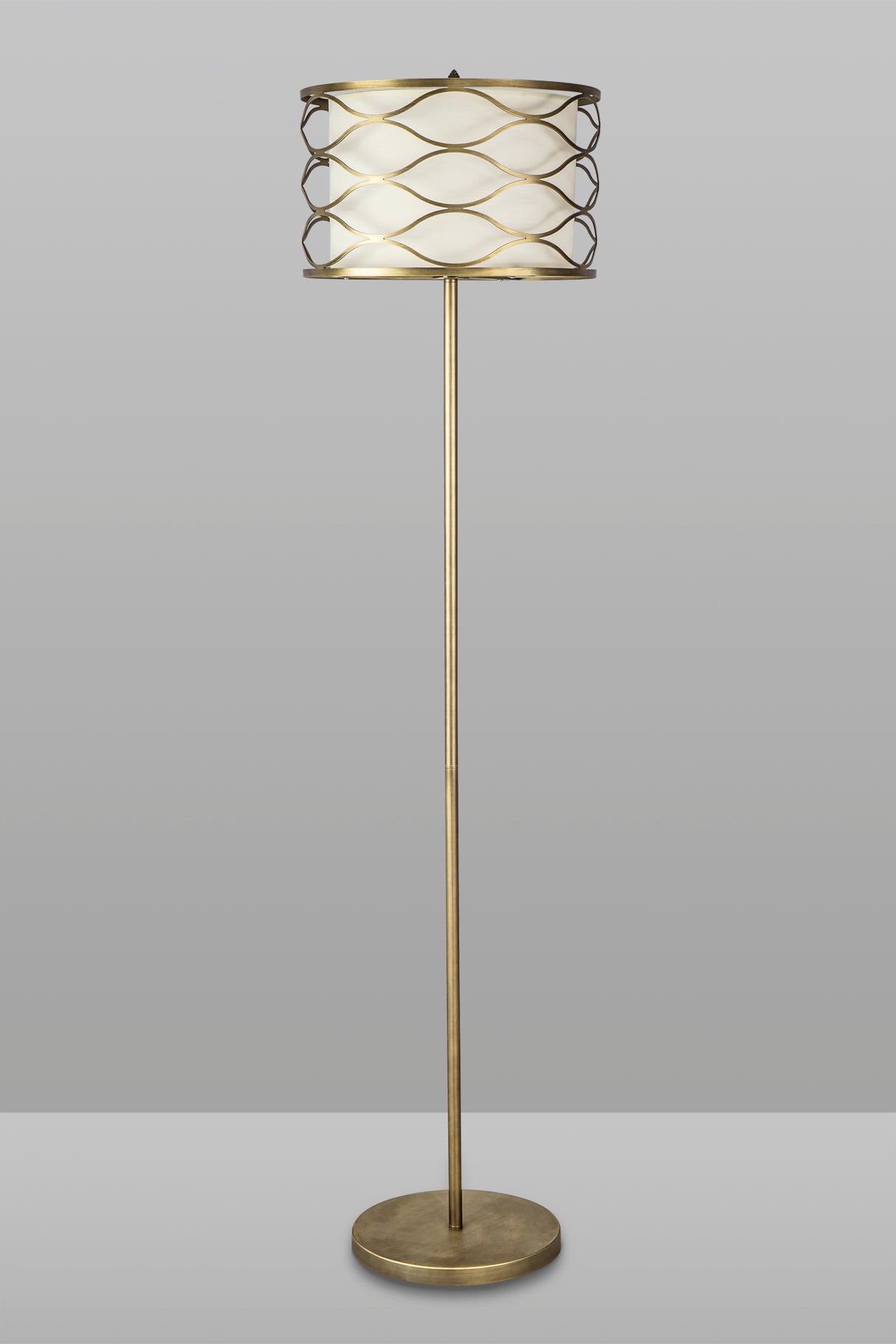 Hinnegan Floor Lamp 3 Light E14 Aged Gold / Cream Fabric Shade