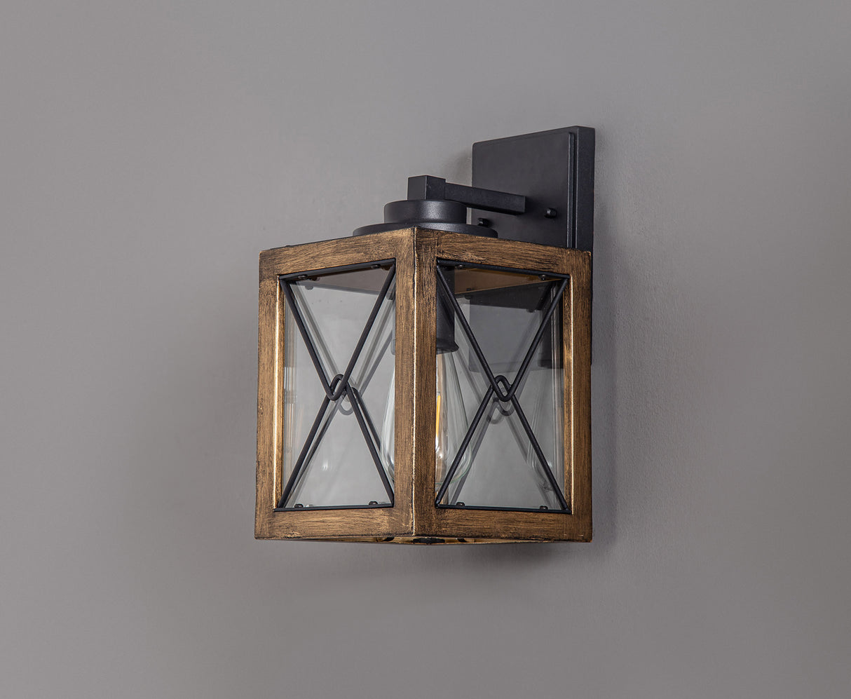 Doyle Small Wall Lamp, 1 x E27, Wood Effect & Black/Clear Glass, IP54, 2yrs Warranty