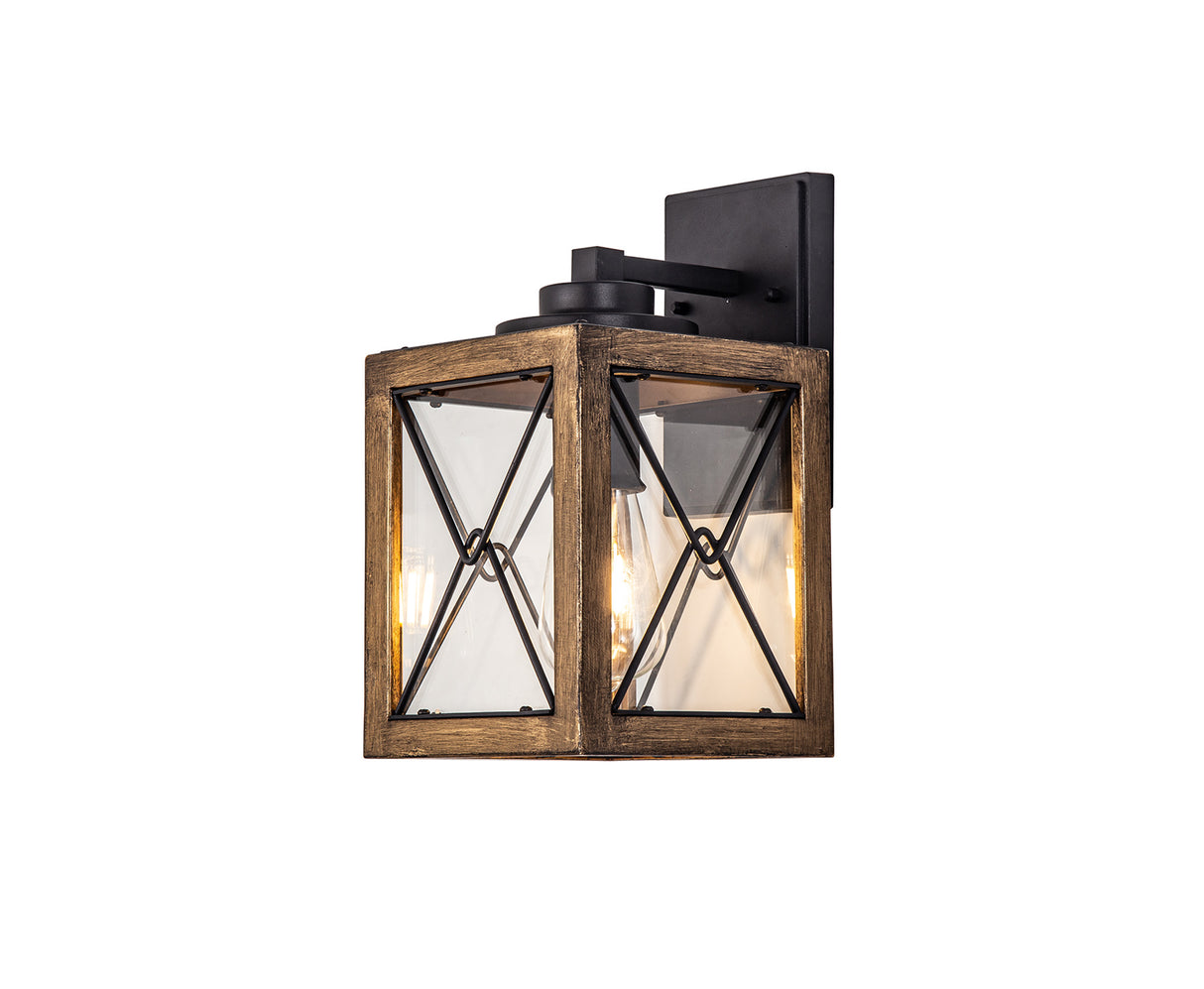Doyle Small Wall Lamp, 1 x E27, Wood Effect & Black/Clear Glass, IP54, 2yrs Warranty