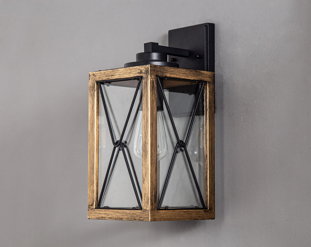Doyle Large Wall Lamp, 1 x E27, Wood Effect & Black/Clear Glass, IP54, 2yrs Warranty
