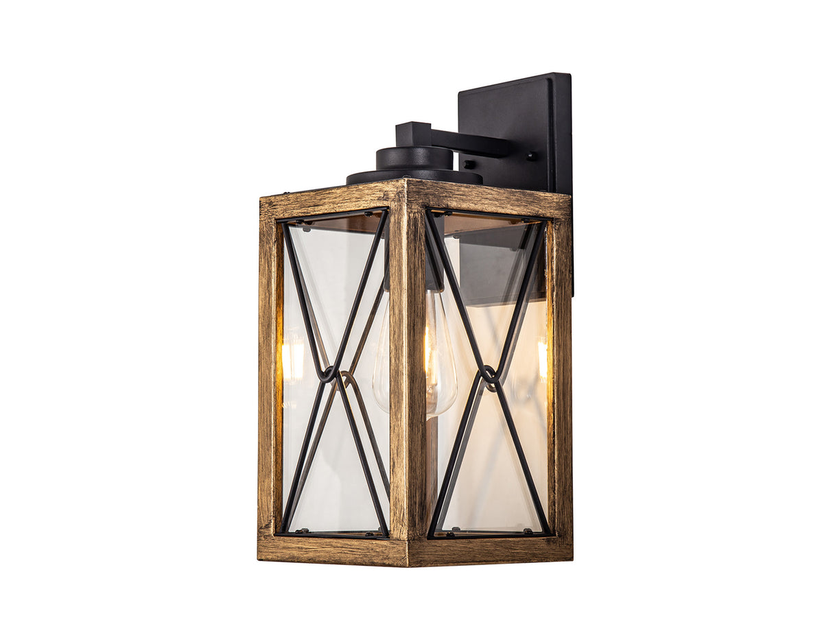 Doyle Large Wall Lamp, 1 x E27, Wood Effect & Black/Clear Glass, IP54, 2yrs Warranty