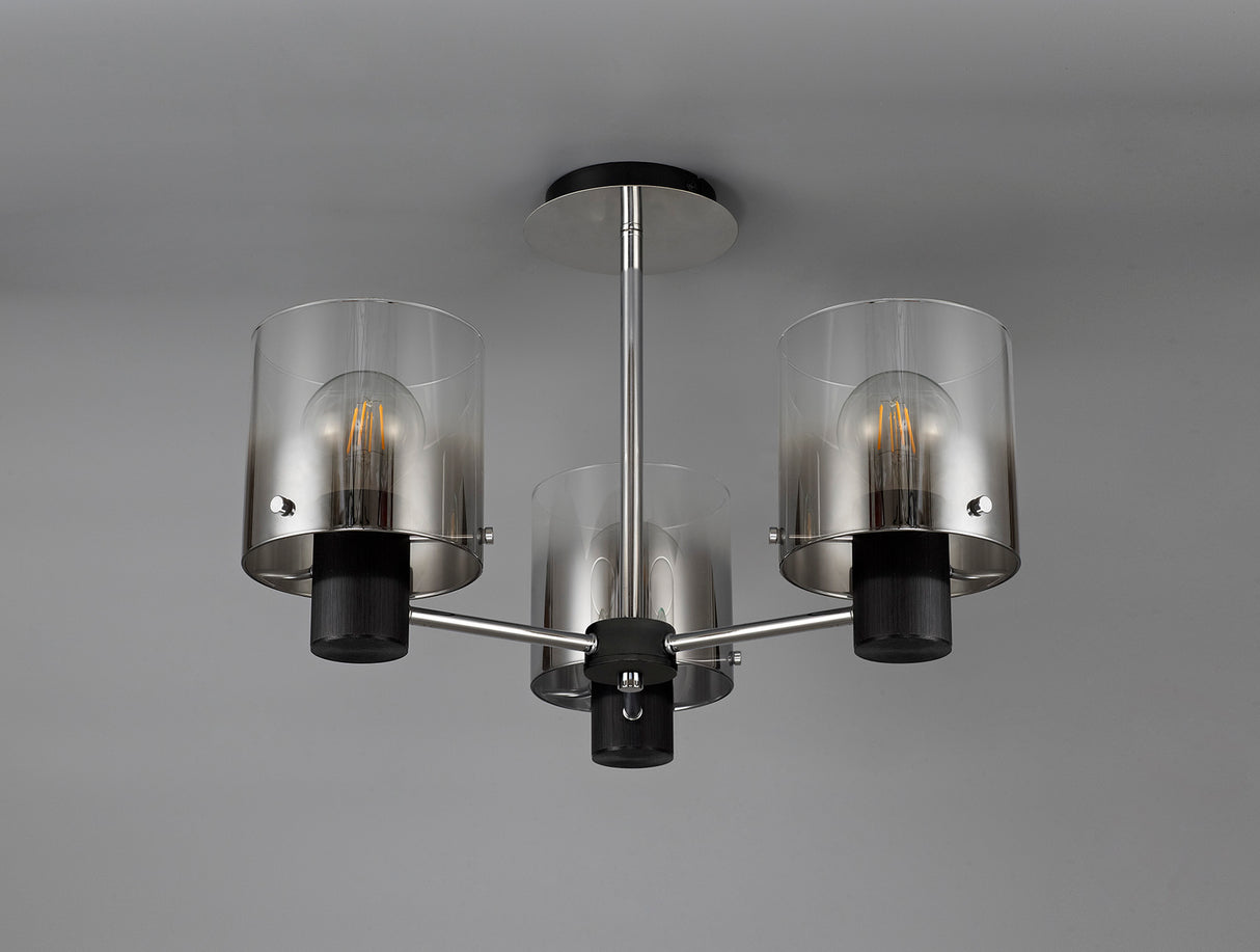 Chisholm Semi Flush Light, 3 x E27, Black/Smoke Fade Glass