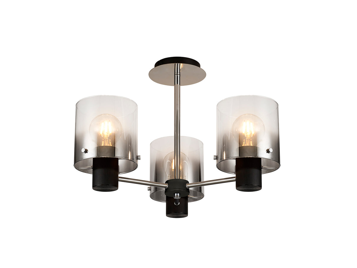 Chisholm Semi Flush Light, 3 x E27, Black/Smoke Fade Glass