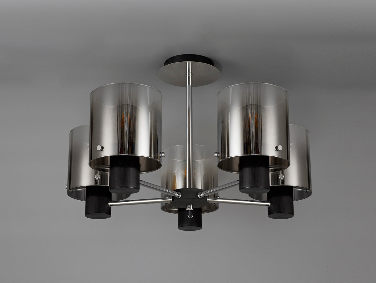 Chisholm Semi Flush Light, 5 x E27, Black/Smoke Fade Glass