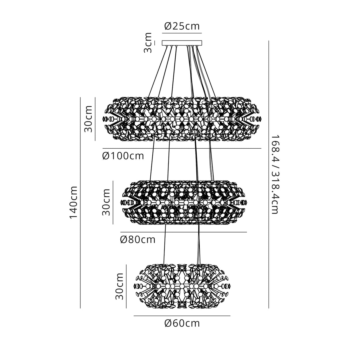 Byrne 3 Tier 60cm + 80cm + 100cm Pendant, 12 + 20 + 26 Light G9 Polished Chrome/Crystal