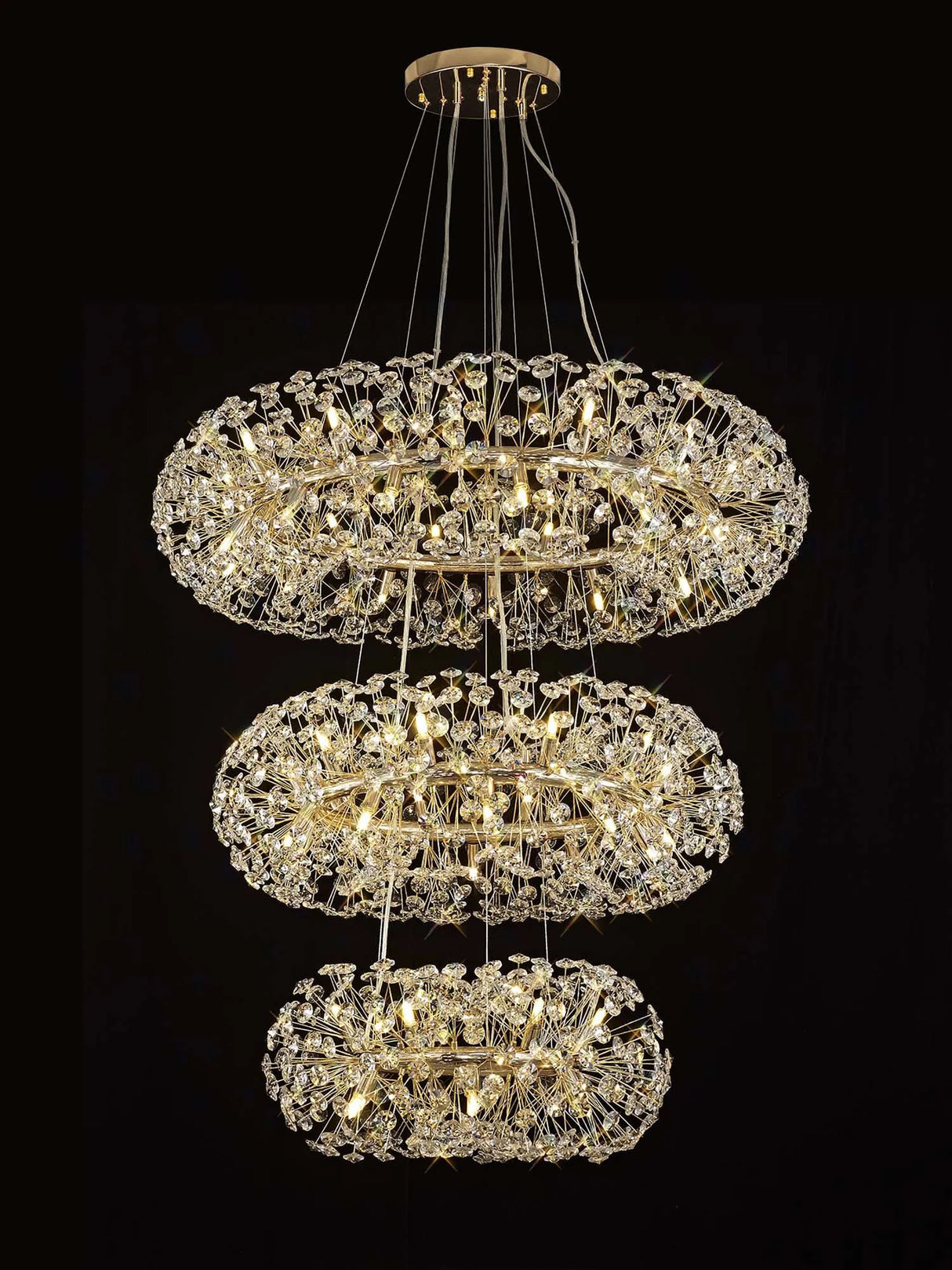 Byrne 3 Tier 60cm + 80cm + 100cm Pendant, 12 + 20 + 26 Light G9 French Gold/Crystal
