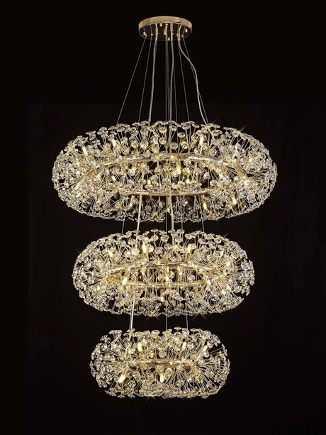 Byrne 3 Tier 60cm + 80cm + 100cm Pendant, 12 + 20 + 26 Light G9 French Gold/Crystal