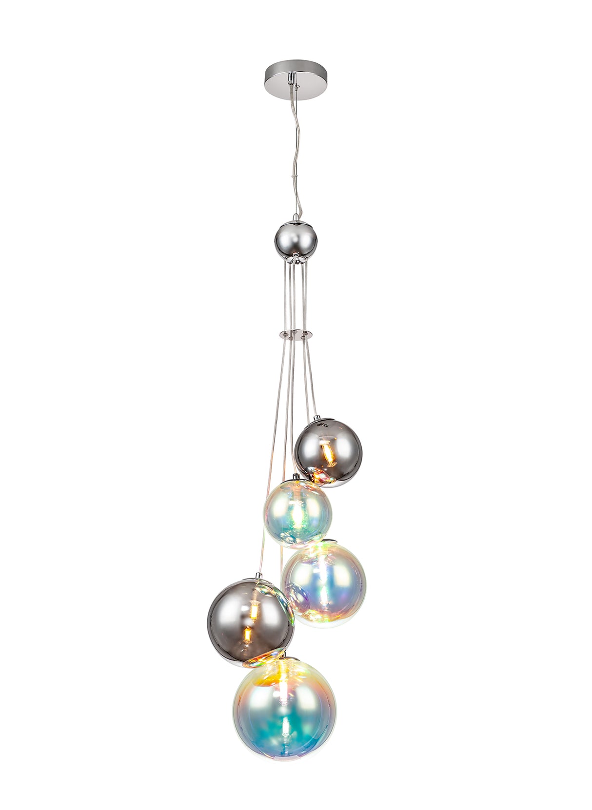 Suggett Pendant, 5 x G9, Polished Chrome/Iridescent Glass