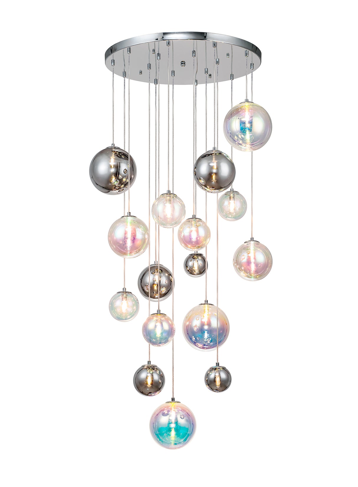 Suggett Pendant, 16 x G9, Polished Chrome/Iridescent Glass