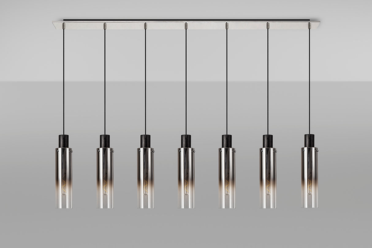 Bridges Linear Pendant, 7 Light Adjustable E27, Black/Smoke Fade Glass