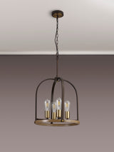 Atkins Pendant/Semi Flush Round 4 Light E27, Antique Bronze / Brown Oxide / Wood