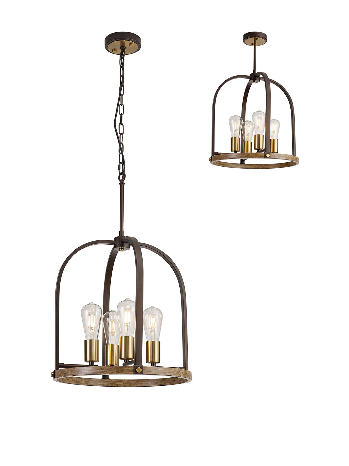 Atkins Pendant/Semi Flush Round 4 Light E27, Antique Bronze / Brown Oxide / Wood