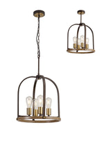 Atkins Pendant/Semi Flush Round 4 Light E27, Antique Bronze / Brown Oxide / Wood