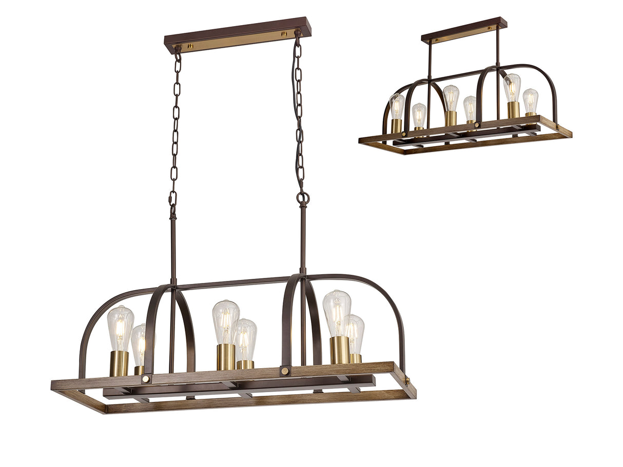 Atkins Pendant/Semi Flush Oblong 6 Light E27, Antique Bronze / Brown Oxide / Wood