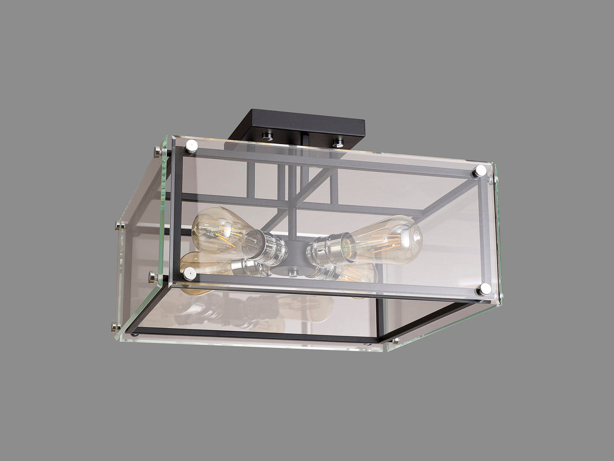 Bolton Semi Flush, 4 Light E27, Matt Black / Chrome / Clear Glass
