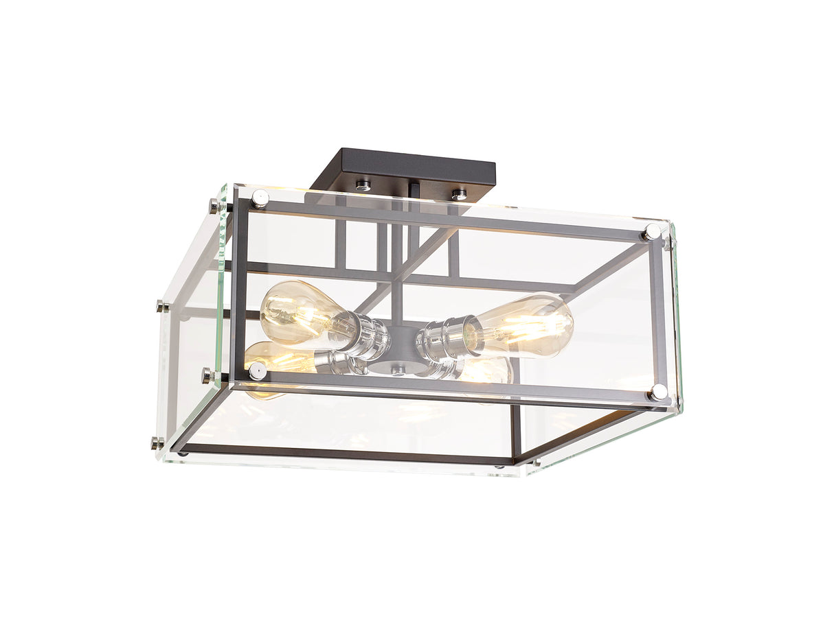 Bolton Semi Flush, 4 Light E27, Matt Black / Chrome / Clear Glass
