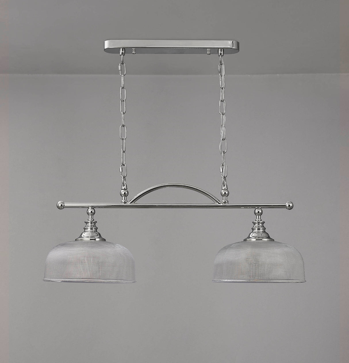 Gray Semi Flush / Pendant Bar, 2 Light Adjustable E27, Polished Nickel / Prismatic Glass