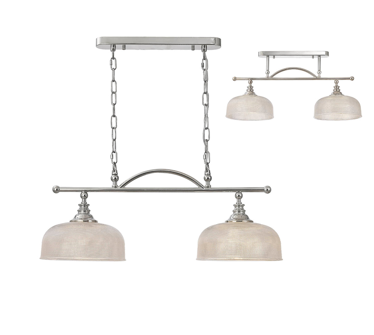 Gray Semi Flush / Pendant Bar, 2 Light Adjustable E27, Polished Nickel / Prismatic Glass