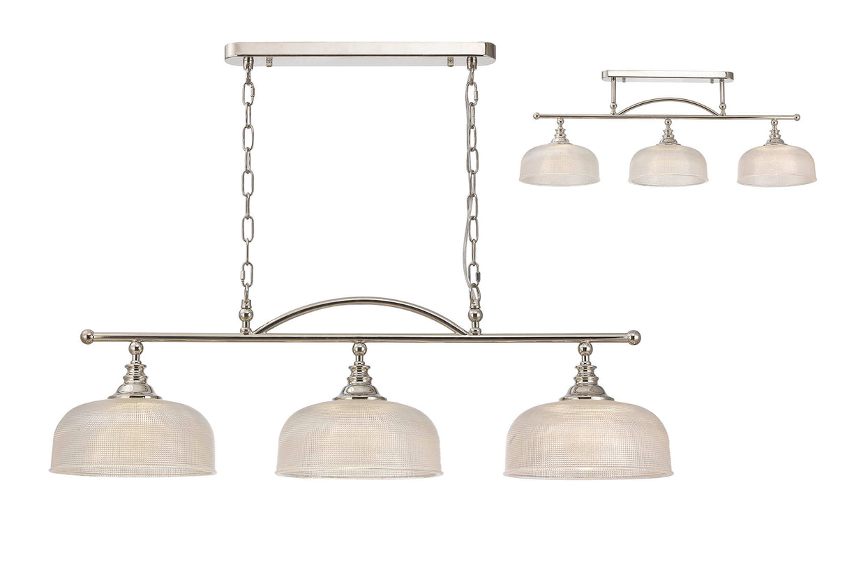 Gray Semi Flush / Pendant Bar, 3 Light Adjustable E27, Polished Nickel / Prismatic Glass