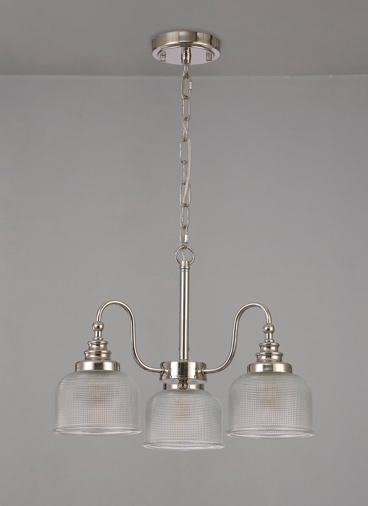 Gray Semi Flush / Pendant, 3 Light E27, Polished Nickel / Prismatic Glass