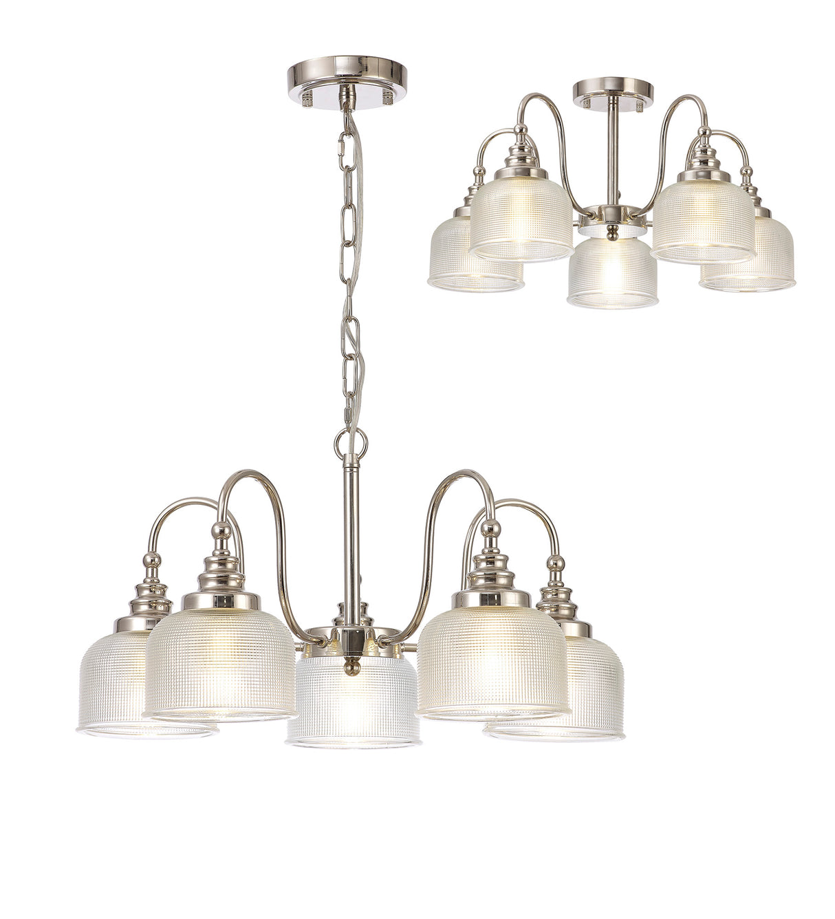 Gray Semi Flush / Pendant, 5 Light E27, Polished Nickel / Prismatic Glass