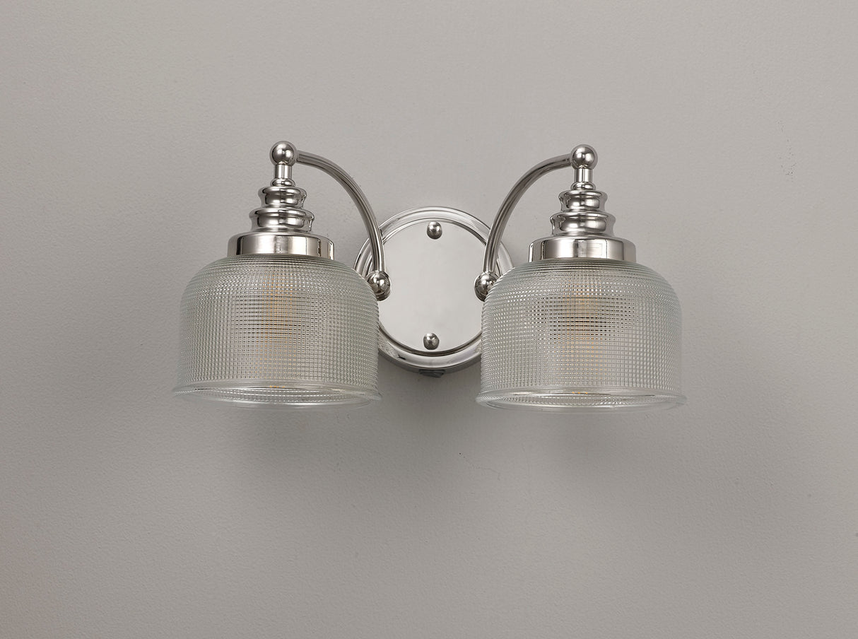Gray Switched Wall Lamp 2 Light E27 Polished Nickel / Prismatic Glass