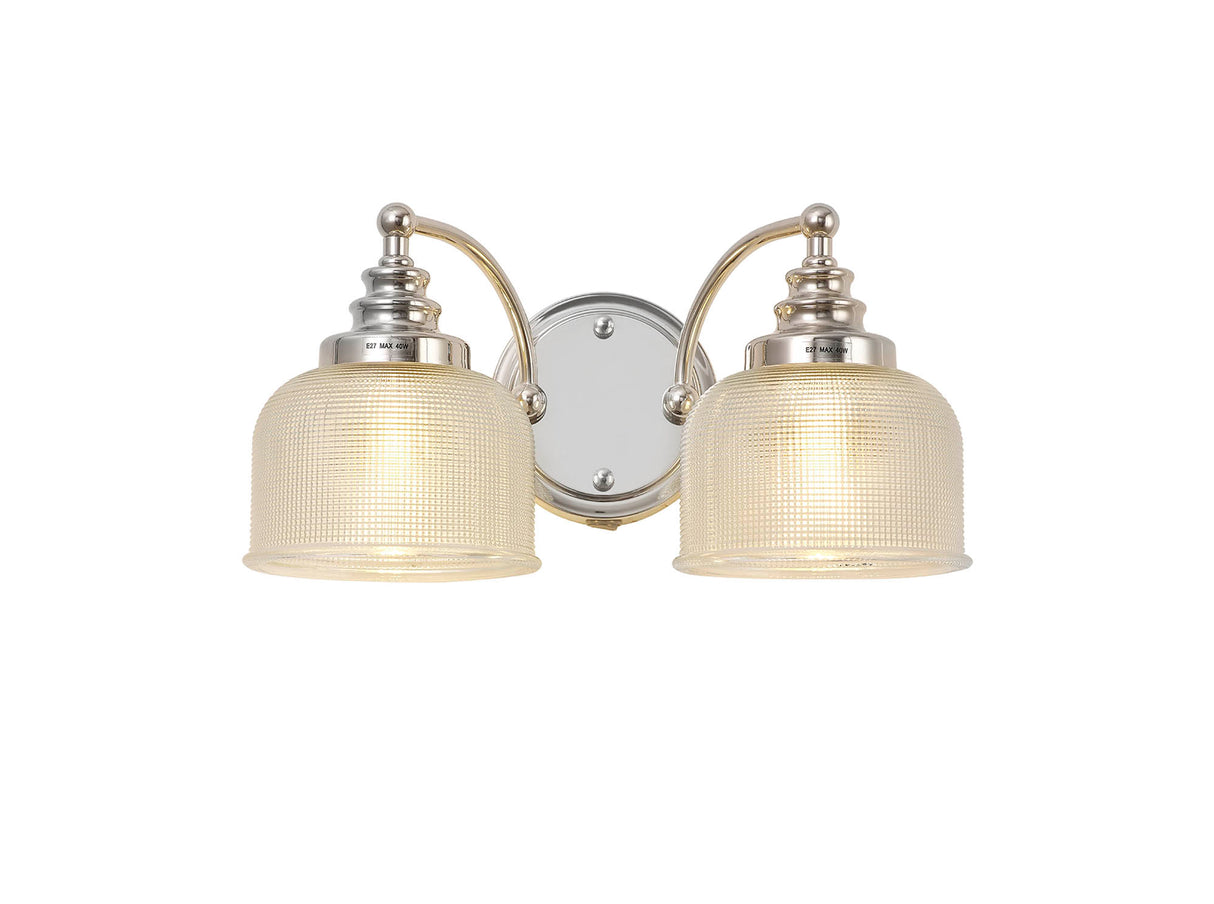 Gray Switched Wall Lamp 2 Light E27 Polished Nickel / Prismatic Glass