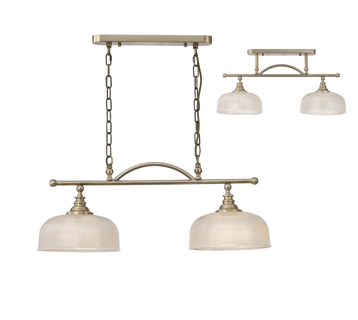 Gray Semi Flush / Pendant Bar, 2 Light Adjustable E27, Antique Brass / Prismatic Glass
