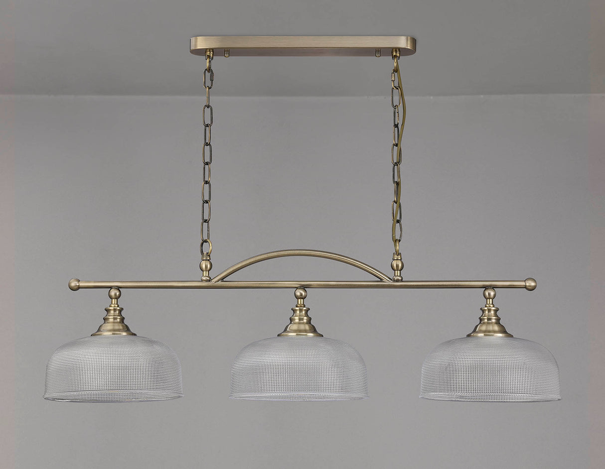Gray Semi Flush / Pendant Bar, 3 Light Adjustable E27, Antique Brass / Prismatic Glass