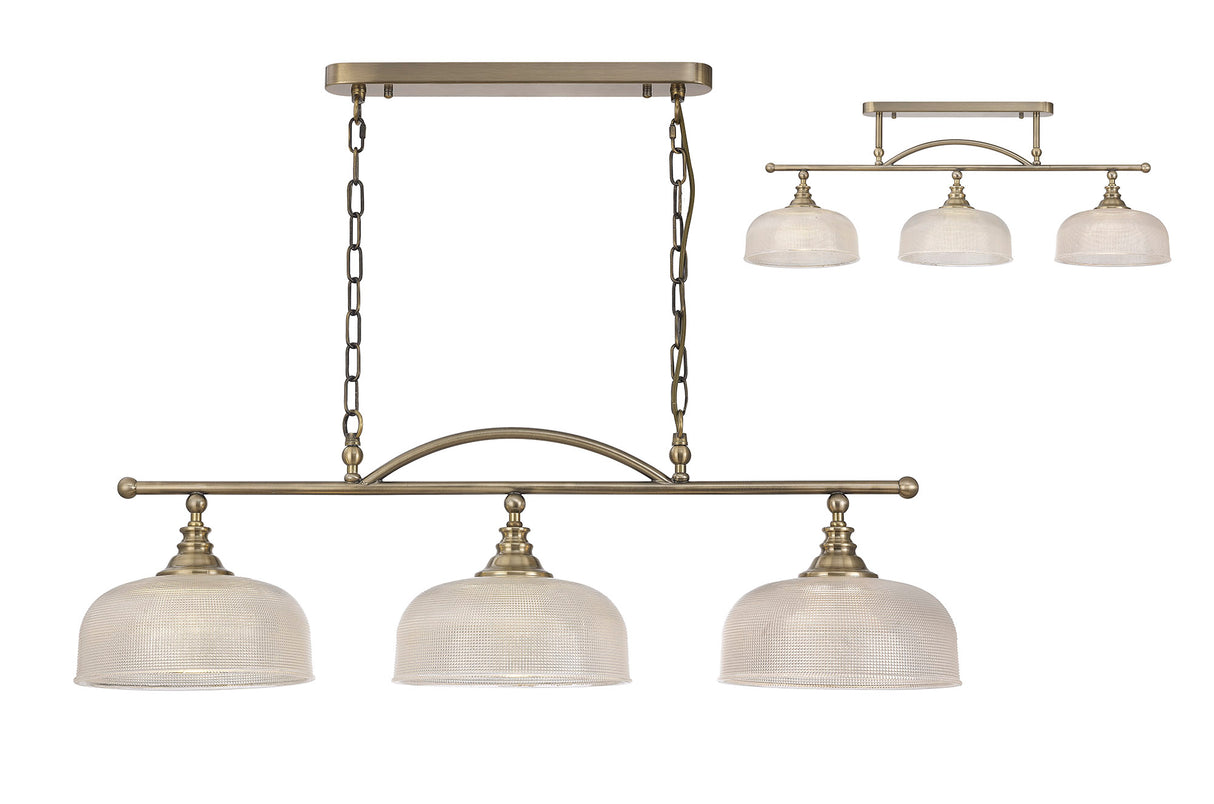 Gray Semi Flush / Pendant Bar, 3 Light Adjustable E27, Antique Brass / Prismatic Glass